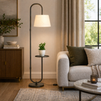 Modern Black Metal Finish Curved Floor Lamp Standing with Table Shelf