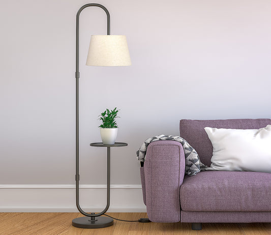 Modern Black Metal Finish Curved Floor Lamp Standing with Table Shelf