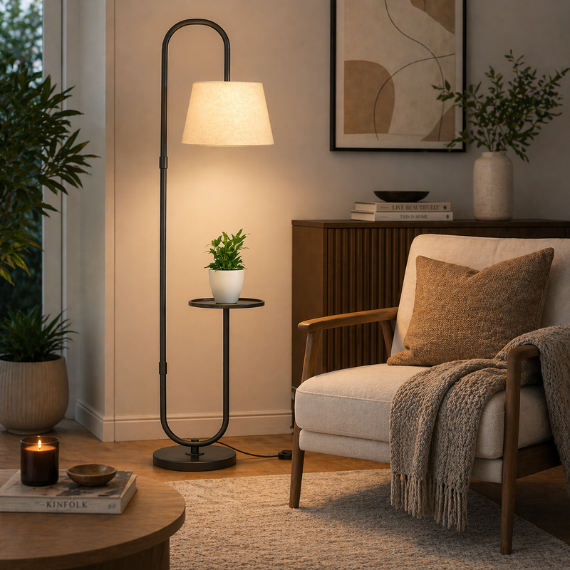 Modern Black Metal Finish Curved Floor Lamp Standing with Table Shelf