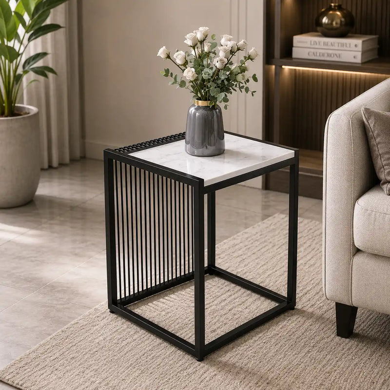 Modern Black Metal & Marble Accent Side Table