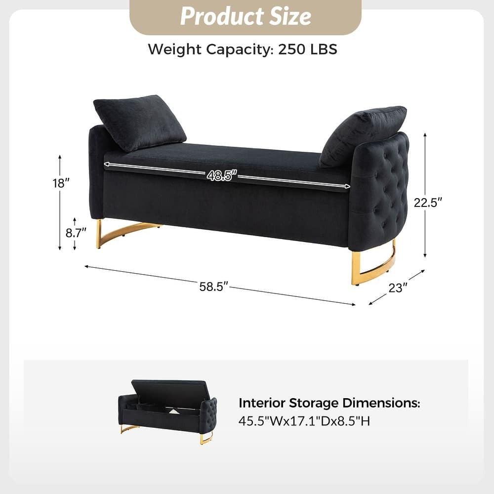 Modern Black Upholstered Storage Bench with Gold Legs