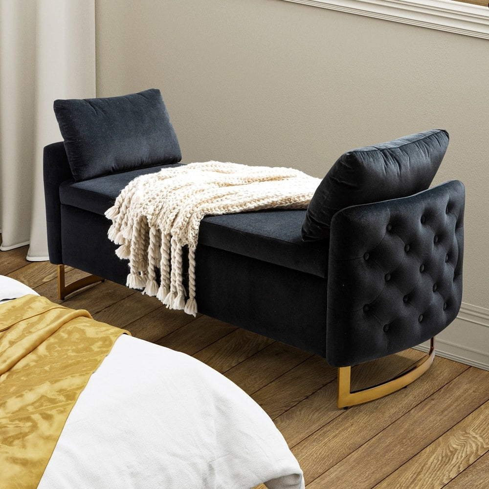 Modern Black Upholstered Storage Bench with Gold Legs