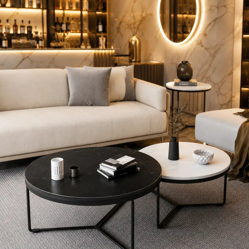 Modern Black & White Marble Top Nesting Coffee Table Set Of 2