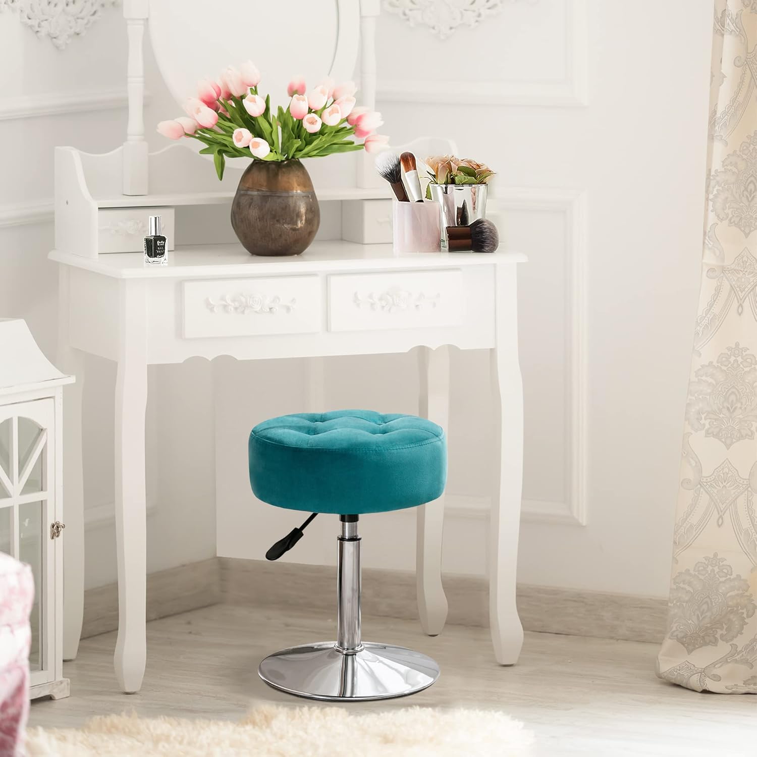 Modern Blue Adjustable Vanity Stool with Tufted Cushion