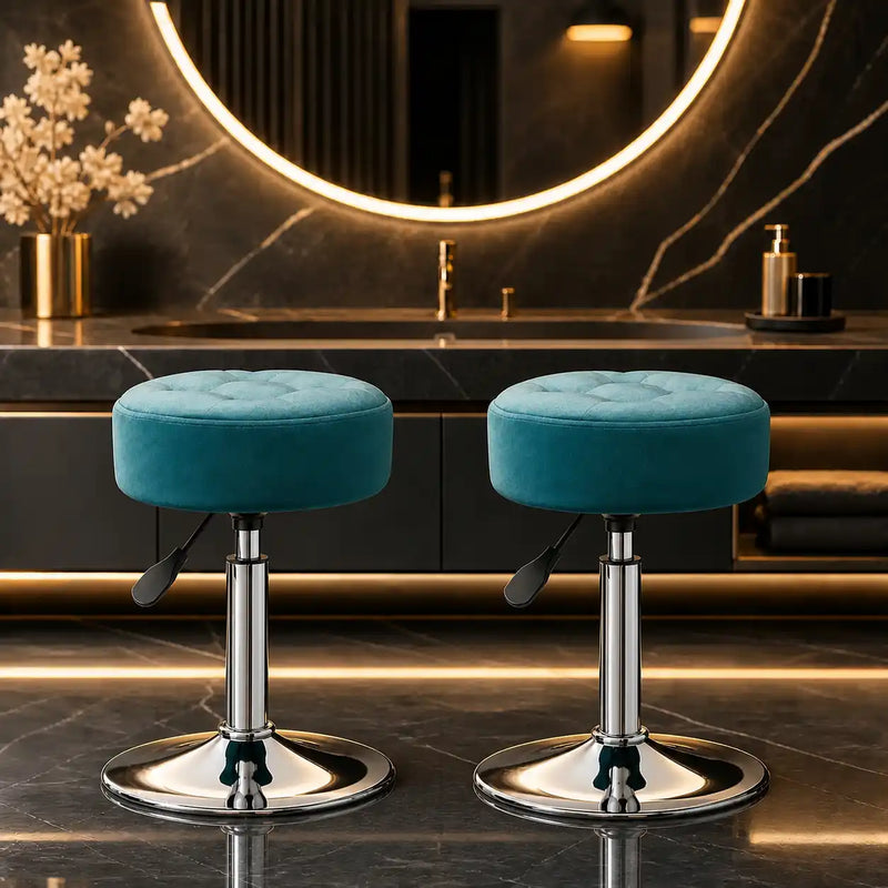 Modern Blue Adjustable Vanity Stool with Tufted Cushion