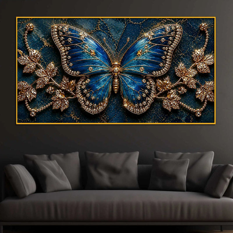 Modern Blue Butterfly Floating Frame Crystal Wall Painting