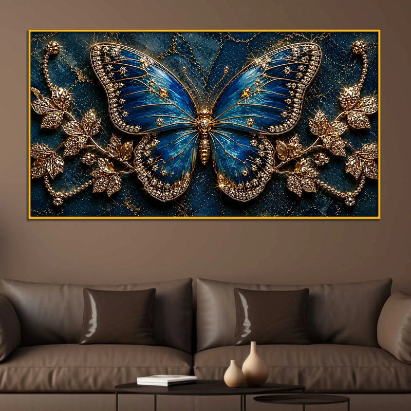 Modern Blue Butterfly Floating Frame Crystal Wall Painting