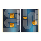Modern Blue Golden Line Geometric Patterned Acrylic Floating Wall Painting Set of 2