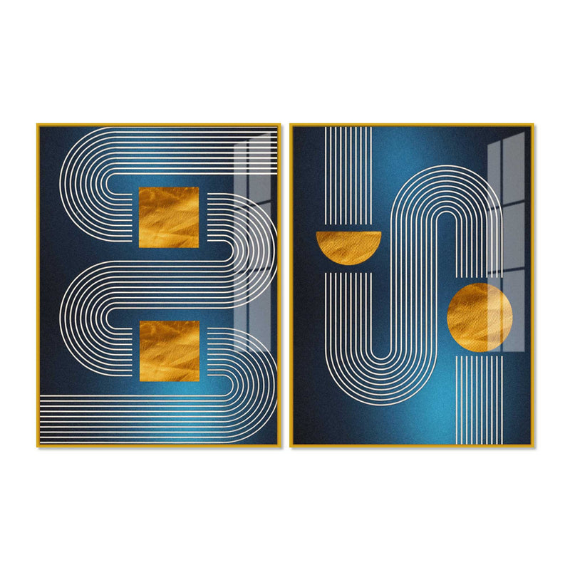 Modern Blue Golden Line Geometric Patterned Acrylic Floating Wall Painting Set of 2