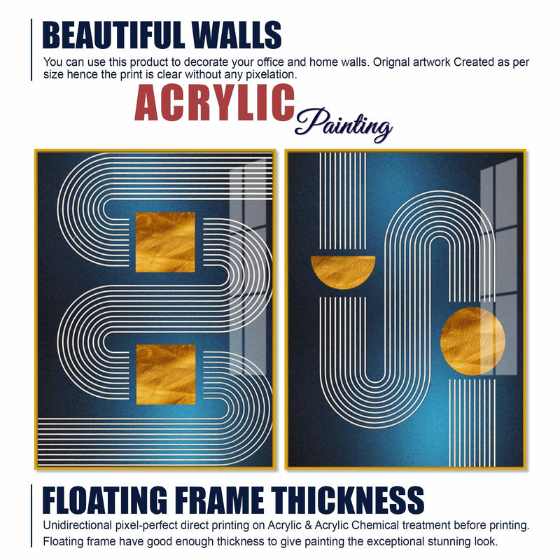 Modern Blue Golden Line Geometric Patterned Acrylic Floating Wall Painting Set of 2