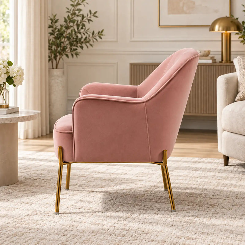 Modern Blush Pink Lounge Chair with Curved Arms & Golden Metal Legs
