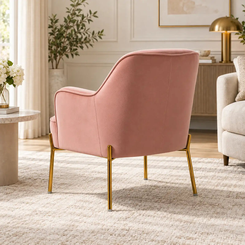 Modern Blush Pink Lounge Chair with Curved Arms & Golden Metal Legs