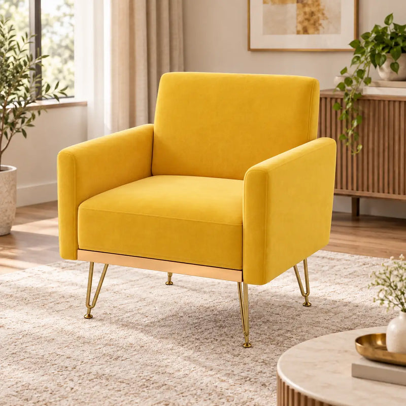 Modern Boxy Lounge Chair with Cushioned Arms & Golden Base