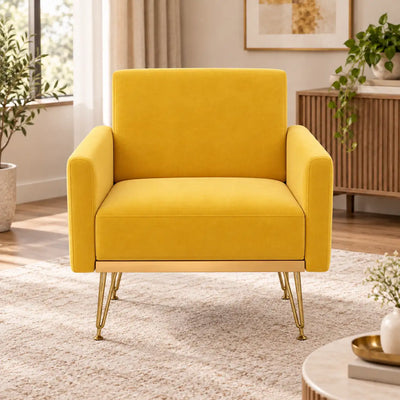 Modern Boxy Lounge Chair with Cushioned Arms & Golden Base