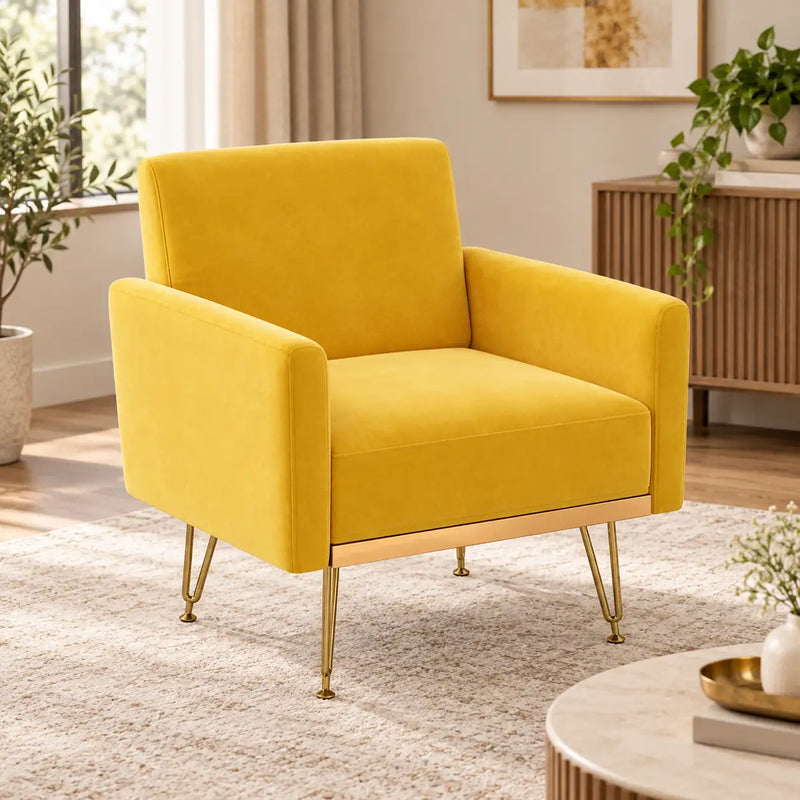 Modern Boxy Lounge Chair with Cushioned Arms & Golden Base