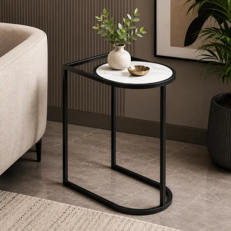 Modern C-Shaped Side Table with White Marble Top