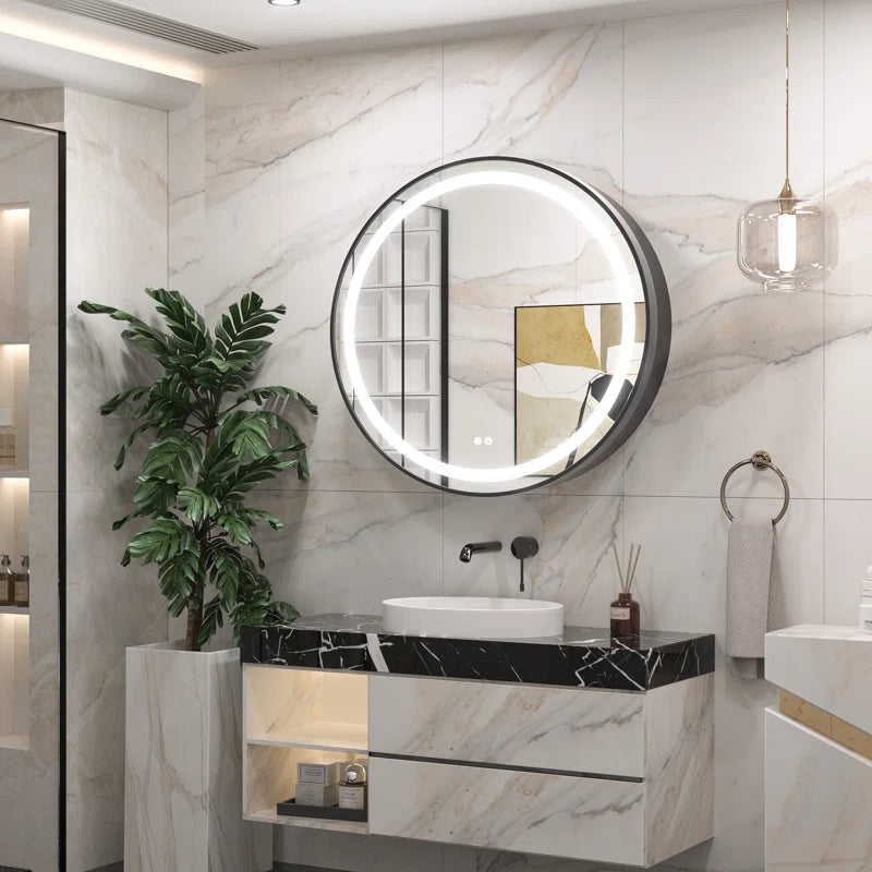 Modern Circular LED Bathroom Mirror with Hidden Cabinet