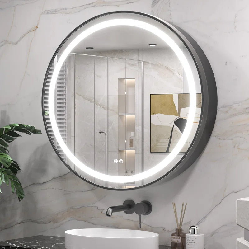 Modern Circular LED Bathroom Mirror with Hidden Cabinet