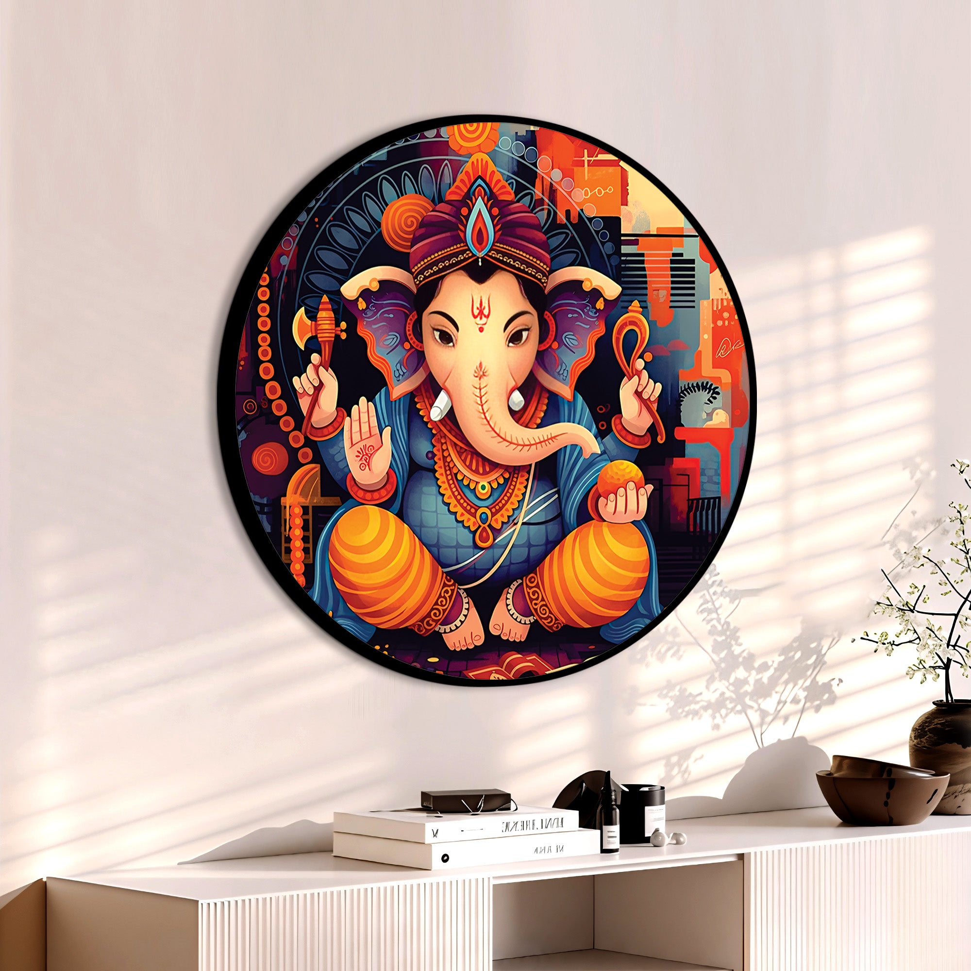 Modern Colorful Ganesh Ji Round Canvas Painting
