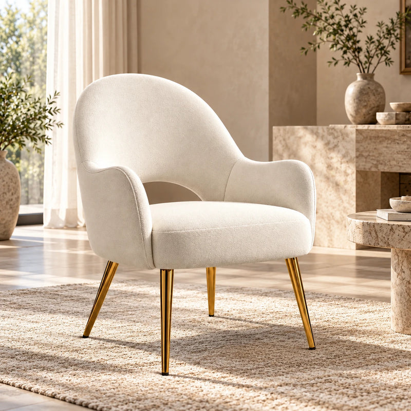 Modern Cream Lounge Chair with Curved Arms & Golden Legs