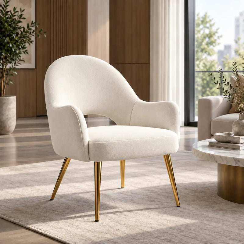 Modern Cream Lounge Chair with Curved Arms & Golden Legs