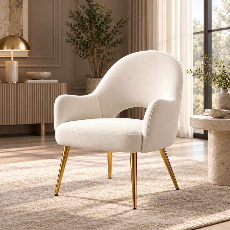 Modern Cream Lounge Chair with Curved Arms & Golden Legs