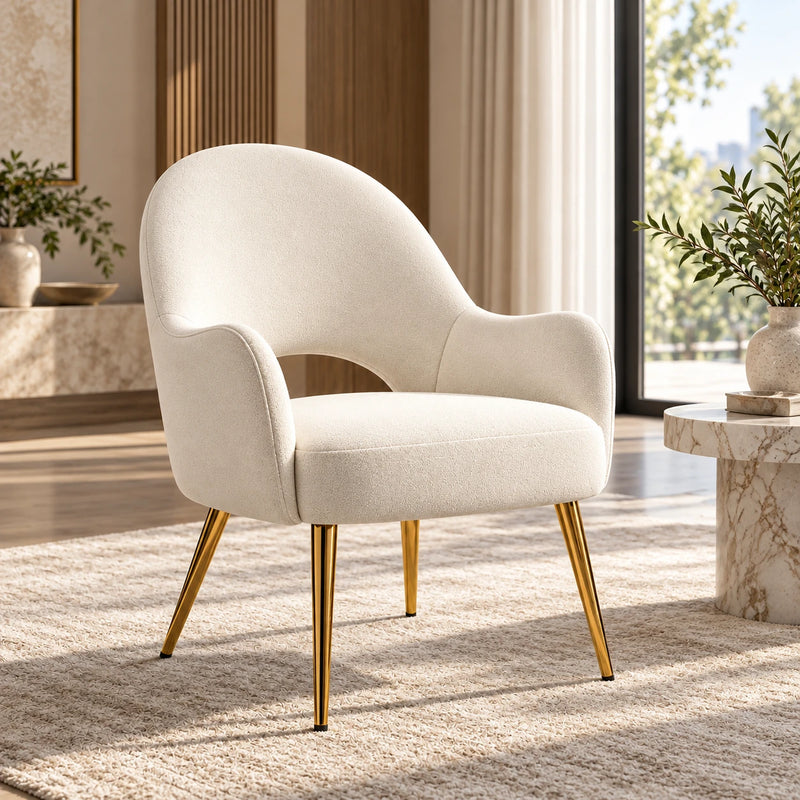 Modern Cream Lounge Chair with Curved Arms & Golden Legs