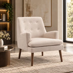 Modern Cream Upholstered Lounge Chair with Mid-Century Wood Legs