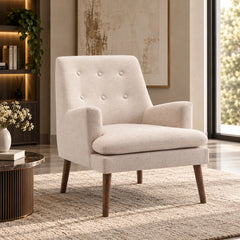 Modern Cream Upholstered Lounge Chair with Mid-Century Wood Legs
