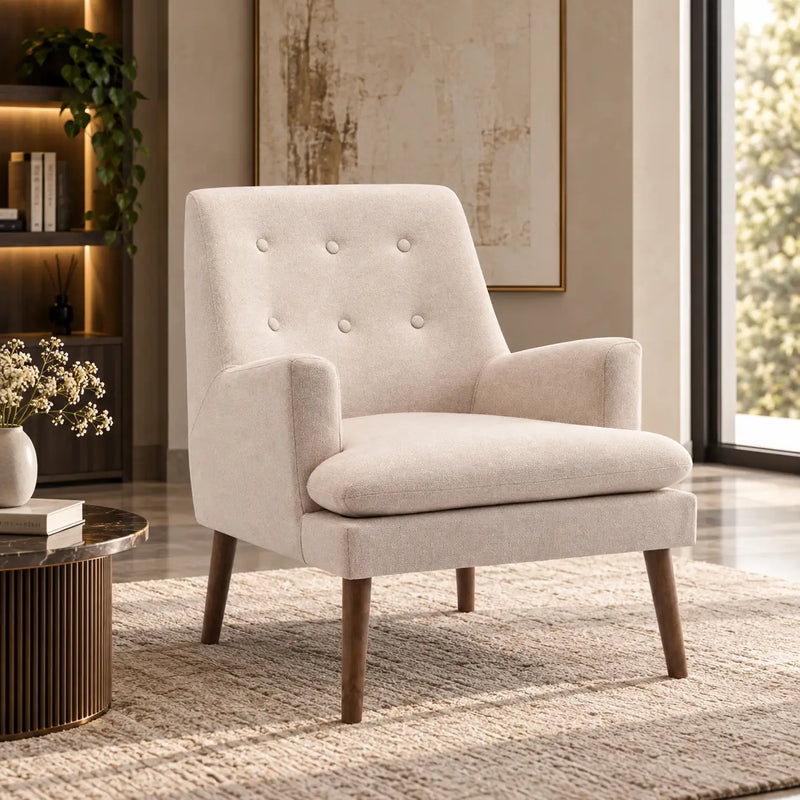 Modern Cream Upholstered Lounge Chair with Mid-Century Wood Legs