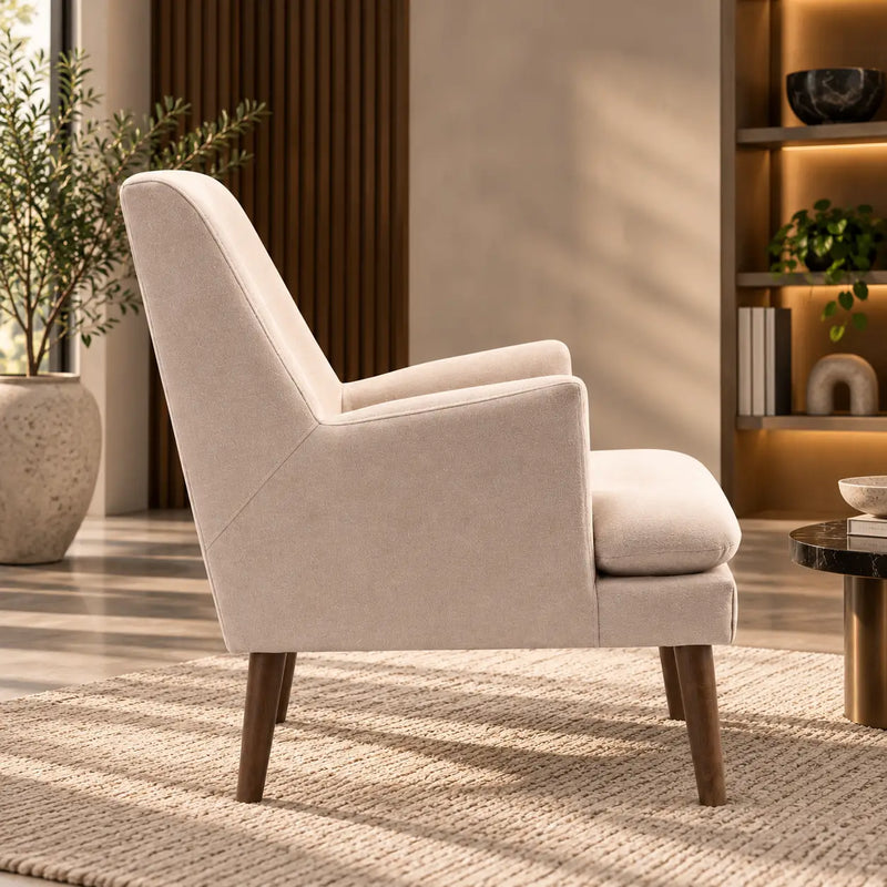 Modern Cream Upholstered Lounge Chair with Mid-Century Wood Legs