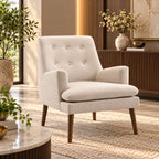 Modern Cream Upholstered Lounge Chair with Mid-Century Wood Legs