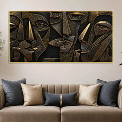 Modern Cubist Faces Golden Metallic Look 3D Canvas Wall Painting