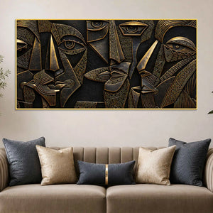 Modern Cubist Faces Golden Metallic Look 3D Canvas Wall Painting