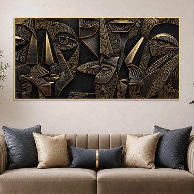 Modern Cubist Faces Golden Metallic Look 3D Canvas Wall Painting