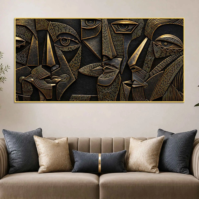 Modern Cubist Faces Golden Metallic Look 3D Canvas Wall Painting