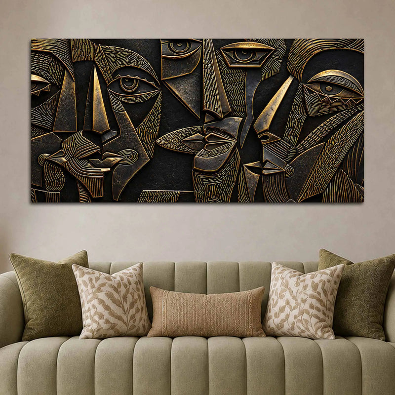 Modern Cubist Faces Golden Metallic Look 3D Canvas Wall Painting