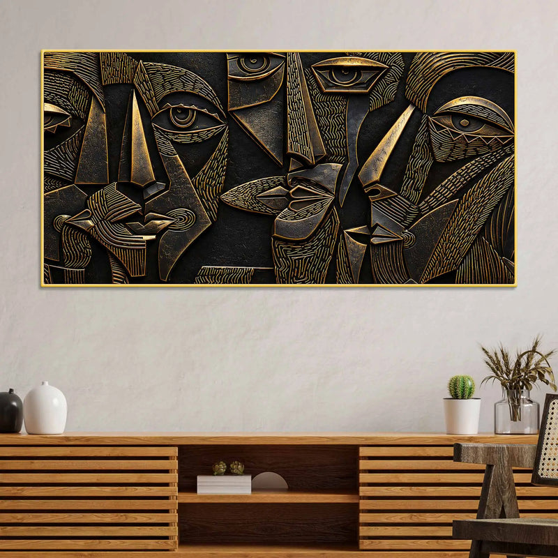 Modern Cubist Faces Golden Metallic Look 3D Canvas Wall Painting
