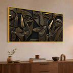 Modern Cubist Faces Golden Metallic Look 3D Canvas Wall Painting