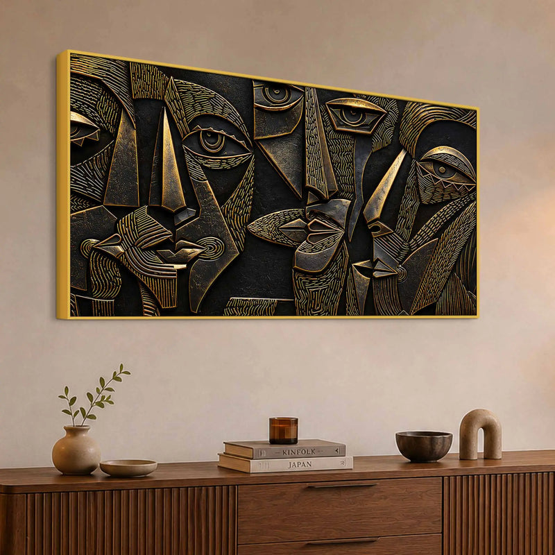Modern Cubist Faces Golden Metallic Look 3D Canvas Wall Painting