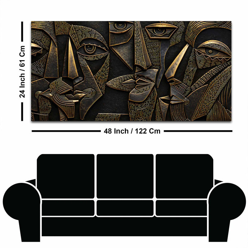 Modern Cubist Faces Golden Metallic Look 3D Canvas Wall Painting