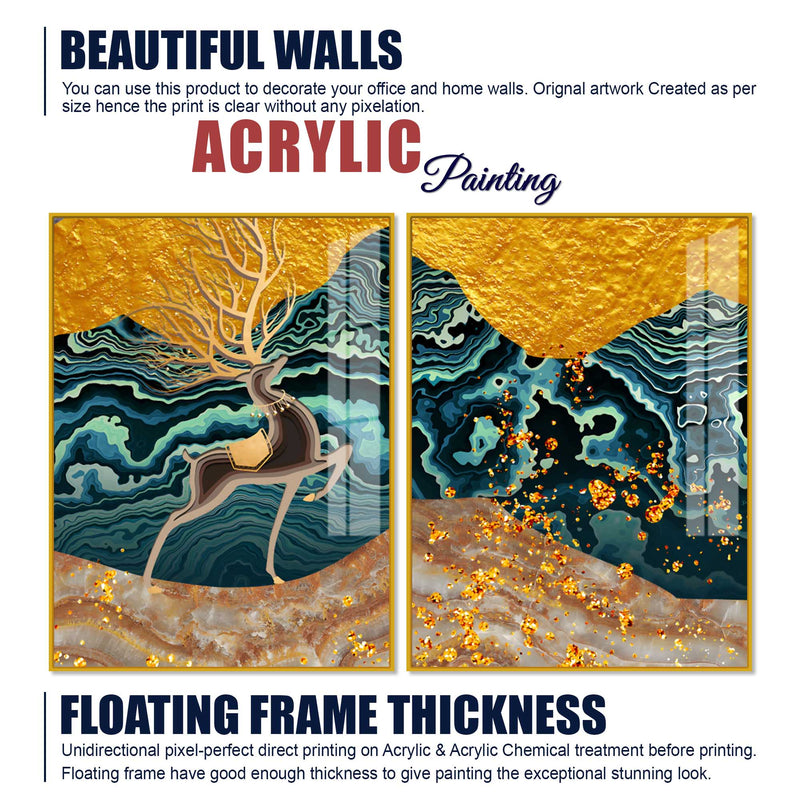 Modern Deer and Marble Texture Golden Acrylic Floating Wall Painting Set of 2
