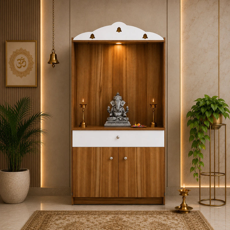 Modern Design Wooden Floor Temple with Elegant White Accent Drawers & Storage Cabinet for Home  & Office