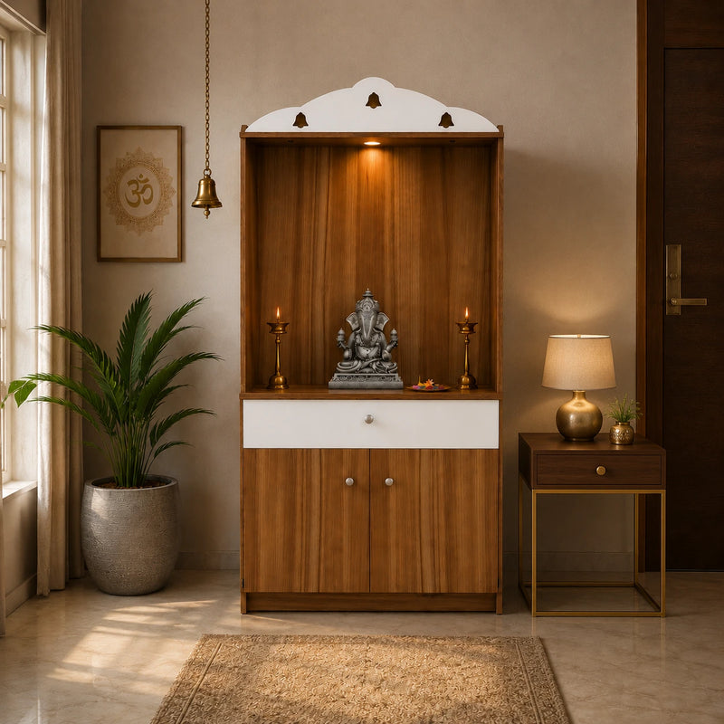 Modern Design Wooden Floor Temple with Elegant White Accent Drawers & Storage Cabinet for Home  & Office