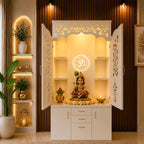 Modern Designer Pooja Mandir with Doors Storage Drawers and LED Back Panel