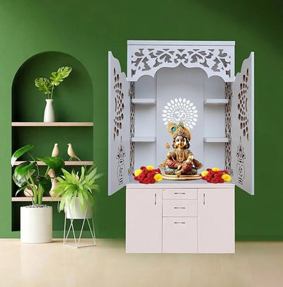 Modern Designer Pooja Mandir with Doors Storage Drawers and LED Back Panel