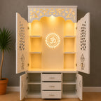 Modern Designer Pooja Mandir with Doors Storage Drawers and LED Back Panel