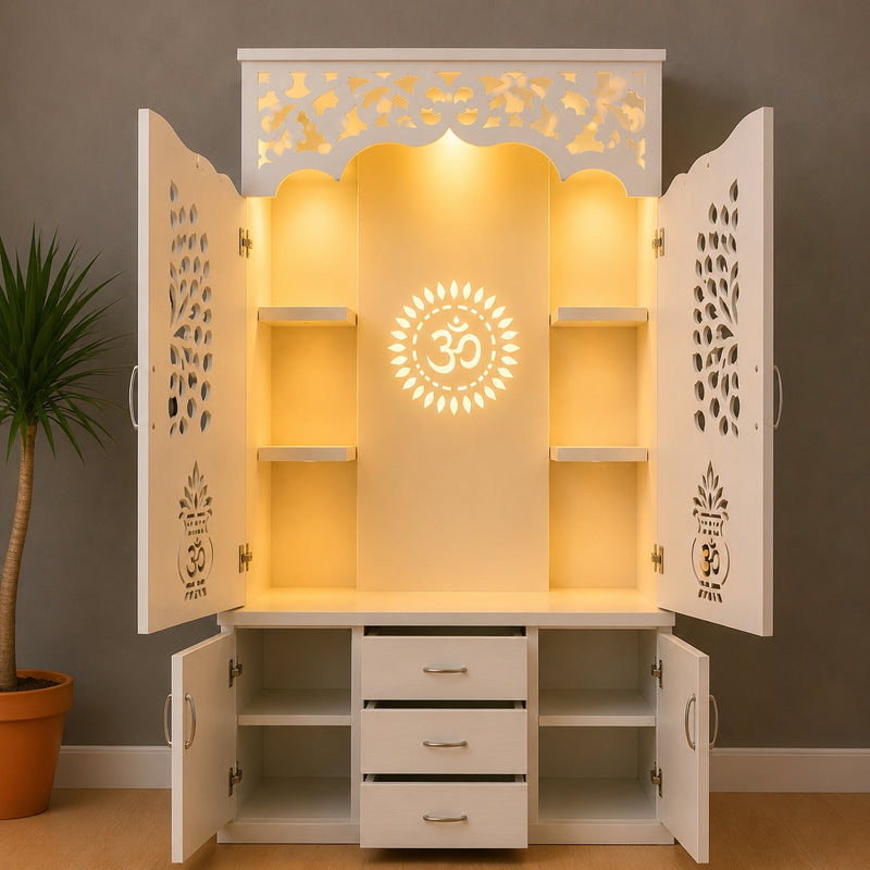 Modern Designer Pooja Mandir with Doors Storage Drawers and LED Back Panel