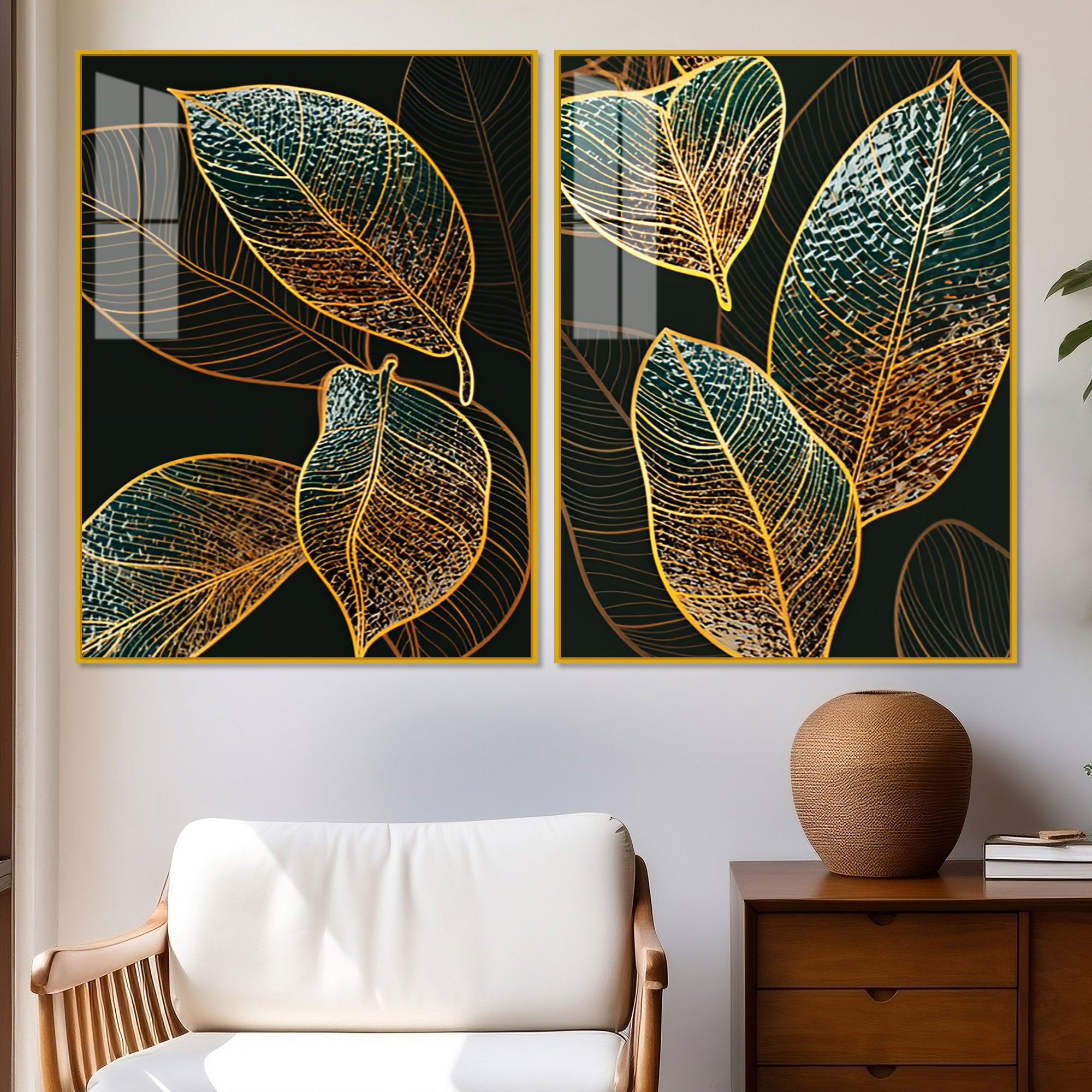 Modern Exquisite oak Leaves Art Acrylic Floating Wall Painting Set Of 2