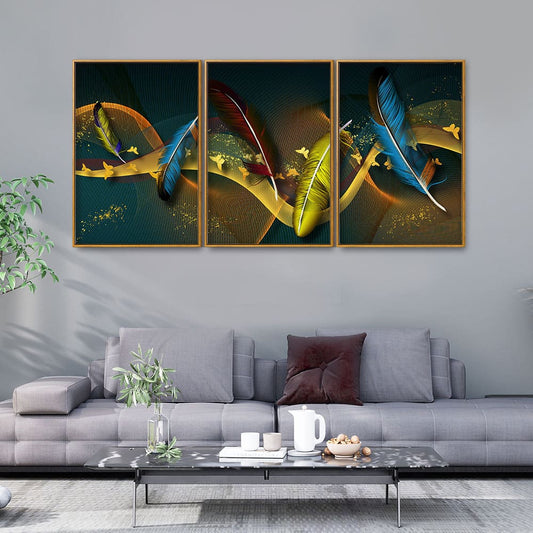 Modern Feathers and Butterflies Premium Floating Canvas Wall Painting Set of Three